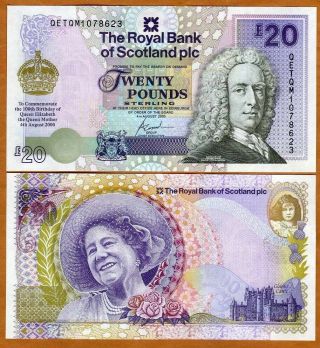 Scotland Royal Bank,  20 Pounds,  2000,  P - 361,  Queen Mother Commemorative,  Unc