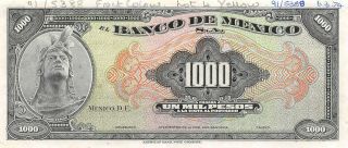 México 1000 Pesos 6.  3.  1974 Archival Front Proof Special Uncirculated Banknote