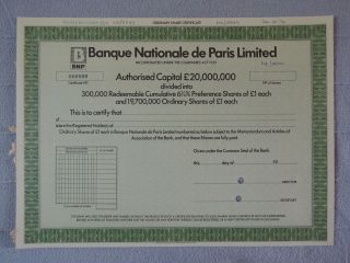 France Banque Nationale Paris National Bank Share Specimen Bradbury 1974 Green