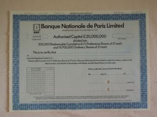 France Banque Nationale De Paris National Bank Share Specimen Bradbury 1974 Blue