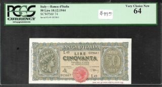 Italy - 50 Lire Note - 1944 - P44 - Pcgs Cu64