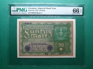 1919 Germany Imperial Bank Note 50 Mark P 66 S/n.  299332 Pmg 66epq Gem Unc