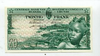BELGIAN CONGO 20 FRANCS 1957 PICK 31 UNC NR 65.  00 2