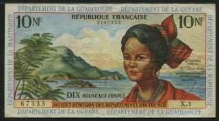 French Antilles 1964,  10 Francs,  P8a,  Signature 1,  Vf
