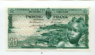 BELGIUM CONGO 20 FRANCS 1957 UNC PICK 31 NR 30.  00 2