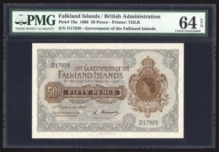 Falkland Islands 50 Pence 1969 P10a Pmg Choice Uncirculated 64 Epq