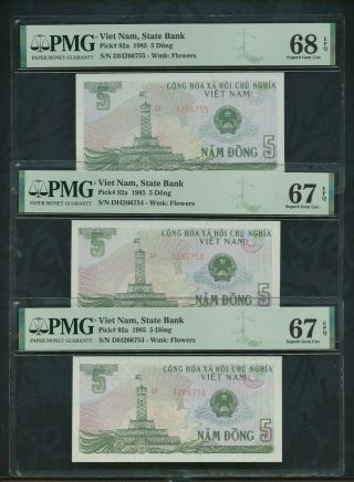 1985 5 Dong P 92a Viet Nam Pmg 67 Epq,  68 Epq (3 Consective)