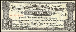 Mexico S - 632b; M - 978b Gob.  Constitucionalista De Mexico $20 D,  28.  5.  1913 Au - Unc