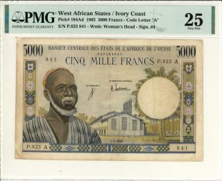 West African States “ivory Coast” 5000 Francs Banknote 1965 Pmg 25 Vf