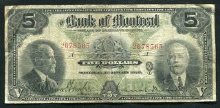 1923 $5 The Bank Of Montreal Montreal,  Pq Banknote Ch.  505 - 56 - 02 (b)