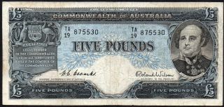 1954 - 59 Australia £5 Pounds Banknote Ta/19 875530 Gf P - 31a