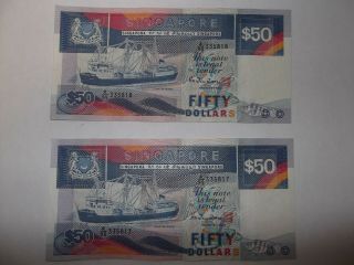 Singapore $50 Note Ship Series Notes Consecutive 335817/335818 Fifty Dollars