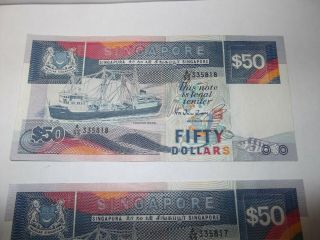 Singapore $50 Note Ship Series Notes Consecutive 335817/335818 Fifty Dollars 2