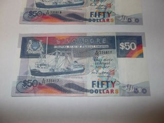Singapore $50 Note Ship Series Notes Consecutive 335817/335818 Fifty Dollars 3
