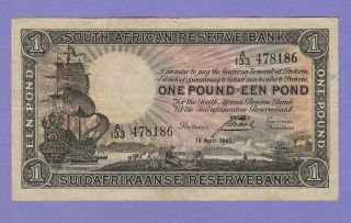 South Africa 1 Pound Banknote 13.  4.  1943 Very Fine Cat 84 - E - 8186
