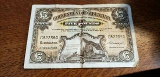 Gibraltar 5 Pounds 1958 Scarce Note