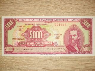 Brasil Brazil Banknote 5000 Cruzeiros 1963/64 Pick 182b Estampa 2a Unc P 182b