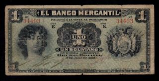 Bolivia 1 Boliviano 1906 Banco Mercantil Pick S171a Vf.