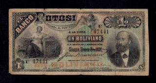 Bolivia 1 Boliviano 1887 U Serial Black Banco Potosi Pick S221b Fine.