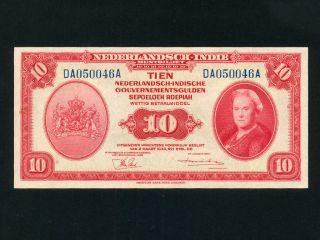 Netherlands Indies:p - 114,  10 Gulden,  1943 Queen Wilhelmina Wwii Aunc