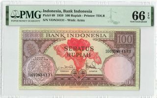 Indonesia 100 Rupiah 1959 Tdlr Pick 69 Pmg Gem Uncirculated 66 Epq