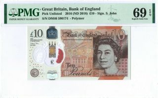 Great Britain 10 Pounds P395 2016 Pmg 69 Epq S/n Dm46 590174 Polymer