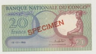Congo P 4s Specimen 20 Francs 15.  11.  1961 Topless Woman Tree Au/unc