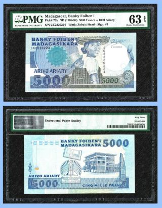Madagascar 5000 Francs =1000 Ariary,  Nd (1988 - 1994),  P - 73b,  Pmg : 63 Epq Unc /