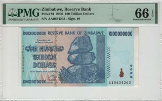 2008 Reserve Bank Of Zimbabwe 100 Trillion Dollars Pick 91 Pmg Gem Unc 66 Epq