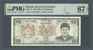 Bhutan Royal Government 20 Ngultrum 1981,  P - 9,  Pmg 67 Epq Gem Unc,  Finest