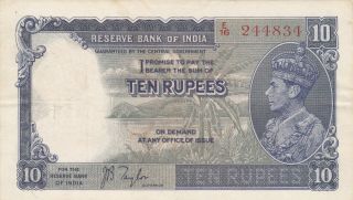10 Rupees Very Fine Banknote From British India 1943 Pick - 19 Sign:taylor