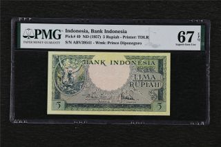 1957 Indonesia Bank Indonesia 5 Rupiah Pick 49 Pmg 67 Epq Gem Unc
