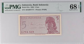 Indonesia 5 Sen 1964 P 91 A 097777 Gem Unc Pmg 68 Epq Top