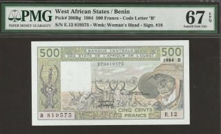 Pmg - 67 Epq Gem Unc West African States " B " 500 Francs 1984 P - 206bg