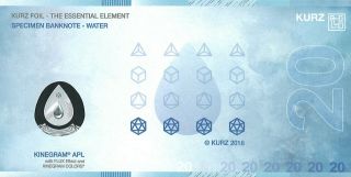 Kurz 2018 Water 20 hybrid polymer - paper promotional test Kinegram window UNC 2