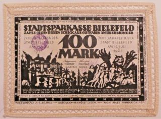 Bielefeld 100 Mark Notgeld Printed On Silk 15.  7.  1921 Germany Banknote