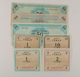 Ww2 Italy Allied Military Currency 7 - Notes Set // 1943 Italian Mpc Lire