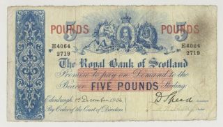 Scotland P317b Uniface 5 Pounds 1.  12.  1936 Fine