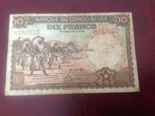 10 Belgian Congo Francs Banknote Dated 10/7/42