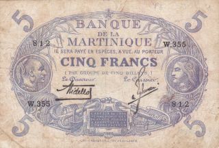 5 Francs Vg - Fine Banknote From French Colony Of Martinique 1934 Pick - 6 Rare