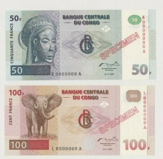 Congo P 89,  90 Specimen Pair 50,  100 Francs 1997 Tribal Mask Elephant Unc