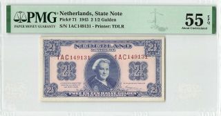 Netherlands 2½ Gulden 1945 State Note Pick 71 Pmg About Uncirculated 55 Epq