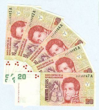Argentina Bundle 5 Notes 20 Pesos (2000) Suffix A P 349 Unc