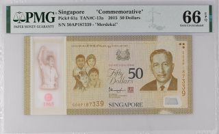 Singapore 50 Dollars Nd 2015 P 61 A Merdeka Polymer Gem Unc Pmg 66 Epq