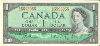 Bank Of Canada 1954 $1 One Dollar 3 Digit Radar Note G/z Prefix 5593955 Au/unc