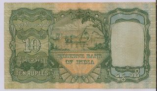 Burma Reserve Bank of India 10 Rupees ND (1938) KGVI Pick 5 JB Taylor Fine 2