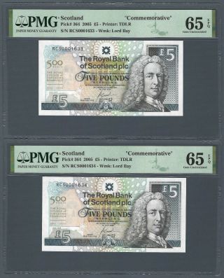 Scotland 5 Pounds 2005,  Royal Bank Commem P - 364,  Low S/n Pair,  Pmg 65 Gem Unc 2x