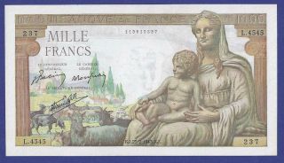 1000 Francs 1943 Gem Uncirculated Banknote From France No Pinholes