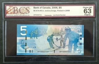 2008 Bank Of Canada $5 Low Serial Apt0000741 Bcs Ch.  Unc - 63 Bc - 67b