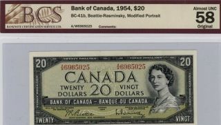 1954 Bank Of Canada - $20.  00 Dollars - Banknote - Bcs Almost Unc 58